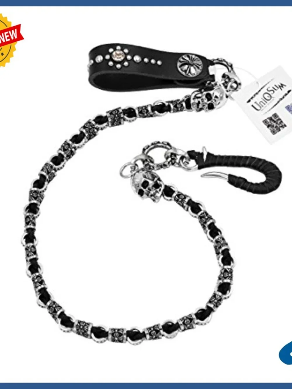 Braided Leather Wallet Chain with Cross Skull Charms, Snap Closure